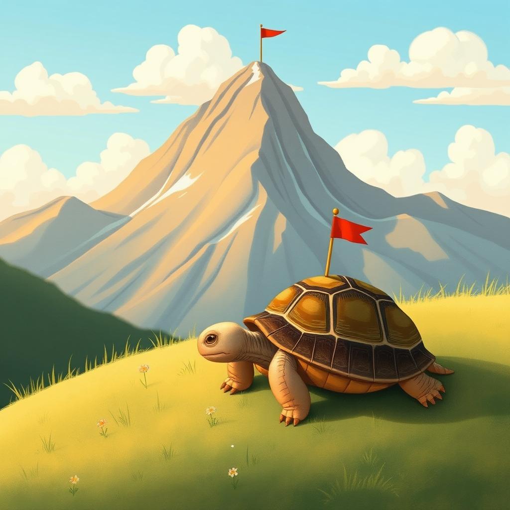 A small turtle crawling on a hillside, with a large mountain in the distance featuring a small red flag planted at its peak, illustrated in the whimsical and charming style of Jon Klassen