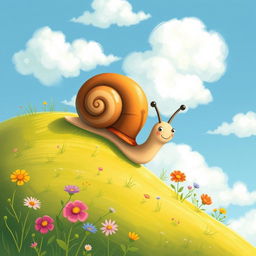 A small snail crawling up a hillside, illustrated in the charming and whimsical style of Jon Klassen