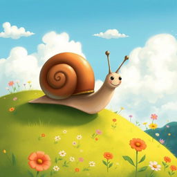 A small snail crawling up a hillside, illustrated in the charming and whimsical style of Jon Klassen