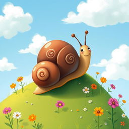 A small snail crawling up a hillside, illustrated in the charming and whimsical style of Jon Klassen
