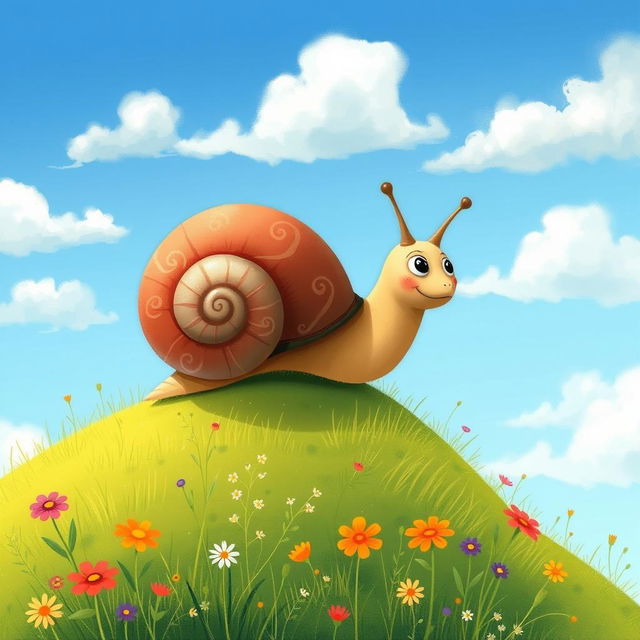 A small snail crawling up a hillside, illustrated in the charming and whimsical style of Jon Klassen