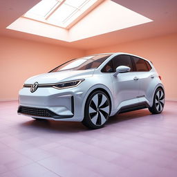 A digital rendering of a futuristic hatchback in a sleek white color, featuring a curvy and modern design
