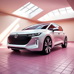 A digital rendering of a futuristic hatchback in a sleek white color, featuring a curvy and modern design