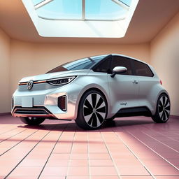 A digital rendering of a futuristic hatchback in a sleek white color, featuring a curvy and modern design