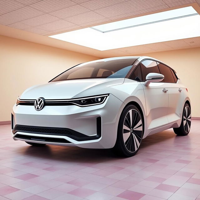 A digital rendering of a futuristic hatchback in a sleek white color, featuring a curvy and modern design