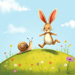 A small snail slowly crawling up a hillside, while in front of it, a small rabbit dashes energetically, illustrated in the whimsical and charming style of Jon Klassen