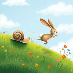 A small snail slowly crawling up a hillside, while in front of it, a small rabbit dashes energetically, illustrated in the whimsical and charming style of Jon Klassen