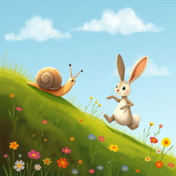 A small snail slowly crawling up a hillside, while in front of it, a small rabbit dashes energetically, illustrated in the whimsical and charming style of Jon Klassen