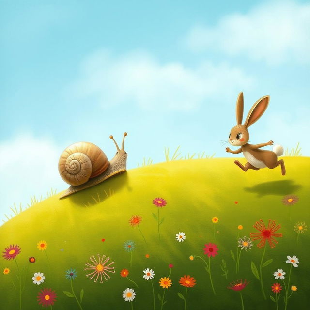 A small snail slowly crawling up a hillside, while in front of it, a small rabbit dashes energetically, illustrated in the whimsical and charming style of Jon Klassen