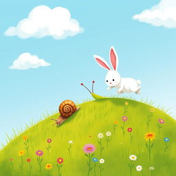A small snail slowly crawling up a hillside, while in front of it, a small white rabbit dashes energetically, illustrated in the whimsical and charming style of Jon Klassen