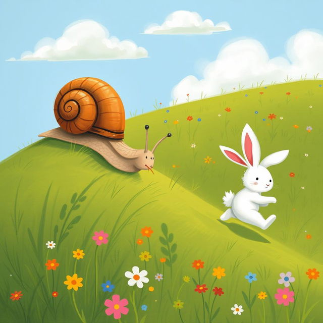 A small snail slowly crawling up a hillside, while in front of it, a small white rabbit dashes energetically, illustrated in the whimsical and charming style of Jon Klassen