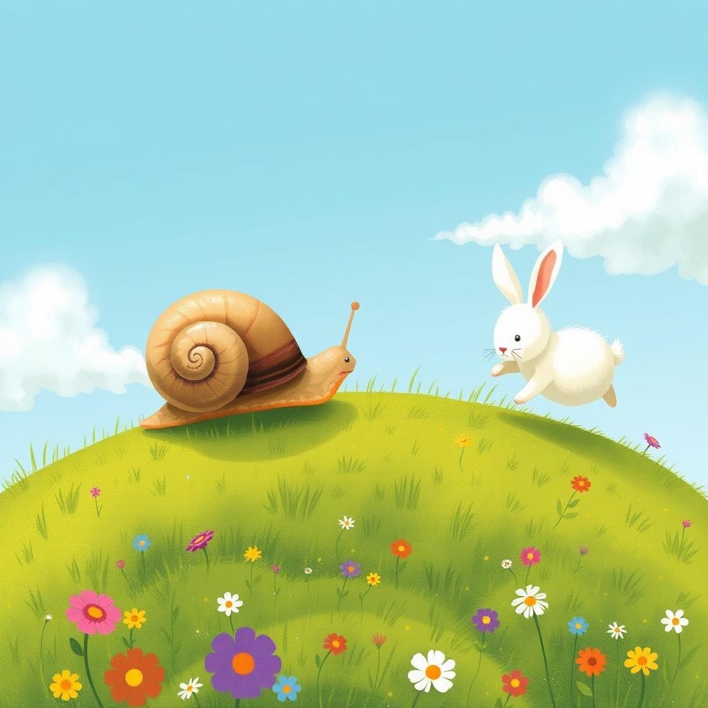 A small snail slowly crawling up a hillside, while in front of it, a small white rabbit dashes energetically, illustrated in the whimsical and charming style of Jon Klassen