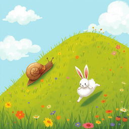 A small snail slowly crawling up a hillside, while in front of it, a small white rabbit dashes energetically, illustrated in the whimsical and charming style of Jon Klassen
