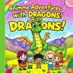A vibrant and playful book cover illustration featuring whimsical anime-style characters and majestic dragons, designed especially for children to color