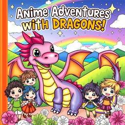 A vibrant and playful book cover illustration featuring whimsical anime-style characters and majestic dragons, designed especially for children to color