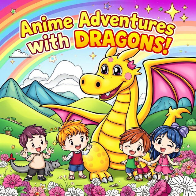 A vibrant and playful book cover illustration featuring whimsical anime-style characters and majestic dragons, designed especially for children to color