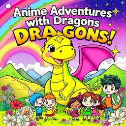 A vibrant and playful book cover illustration featuring whimsical anime-style characters and majestic dragons, designed especially for children to color