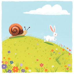 A small snail slowly crawling up a hillside, with a small white rabbit sprinting far ahead in the distance, illustrated in the whimsical and charming style of Jon Klassen