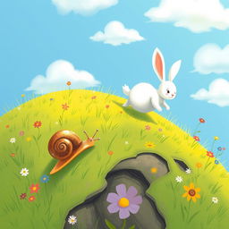 A small snail slowly crawling up a hillside, with a small white rabbit sprinting far ahead in the distance, illustrated in the whimsical and charming style of Jon Klassen