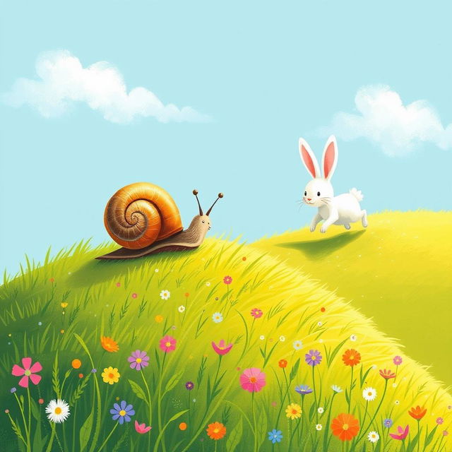 A small snail slowly crawling up a hillside, with a small white rabbit sprinting far ahead in the distance, illustrated in the whimsical and charming style of Jon Klassen