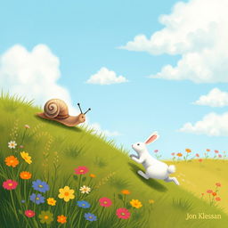A small snail inching its way up a hillside, while a small white rabbit has dashed far ahead, illustrated in the whimsical and charming style of Jon Klassen