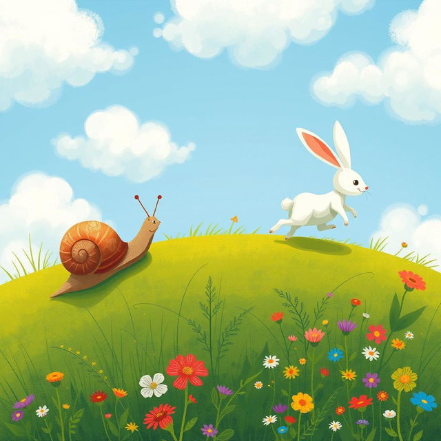 A small snail inching its way up a hillside, while a small white rabbit has dashed far ahead, illustrated in the whimsical and charming style of Jon Klassen