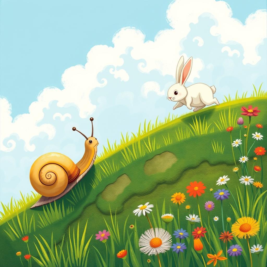 A small snail inching its way up a hillside, while a small white rabbit has dashed far ahead, illustrated in the whimsical and charming style of Jon Klassen