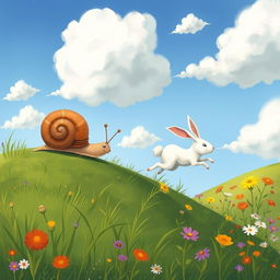 A small snail inching its way up a hillside, while a small white rabbit has dashed far ahead, illustrated in the whimsical and charming style of Jon Klassen