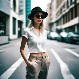 An ultra high-definition photograph showcasing a young, slim woman in a casual outfit consisting of pants, a short-sleeved shirt, a hat, and sunglasses