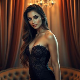 A seductive and glamorous woman in a luxurious setting, wearing an elegant, form-fitting evening gown with intricate lace details