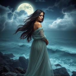 A beautiful and mysterious woman with flowing dark hair, draped in a sheer, elegant gown that shimmers in the moonlight, standing on a rocky cliff overlooking a stormy ocean
