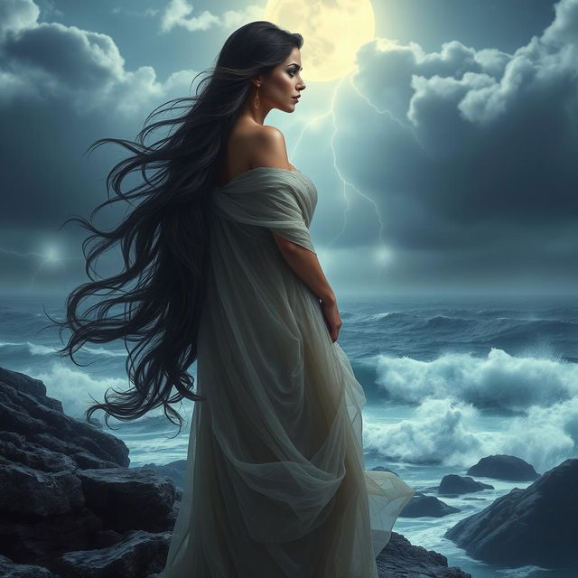 A beautiful and mysterious woman with flowing dark hair, draped in a sheer, elegant gown that shimmers in the moonlight, standing on a rocky cliff overlooking a stormy ocean