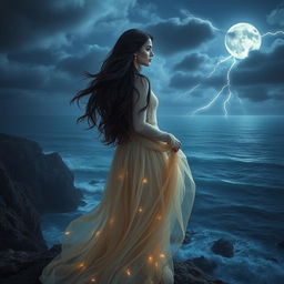 A beautiful and mysterious woman with flowing dark hair, draped in a sheer, elegant gown that shimmers in the moonlight, standing on a rocky cliff overlooking a stormy ocean
