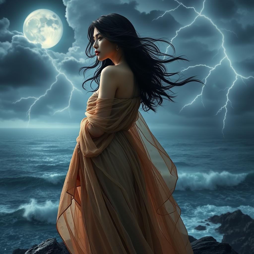 A beautiful and mysterious woman with flowing dark hair, draped in a sheer, elegant gown that shimmers in the moonlight, standing on a rocky cliff overlooking a stormy ocean