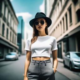 An ultra high-definition photograph showcasing a young, slim woman in a casual outfit consisting of pants, a short-sleeved shirt, a hat, and sunglasses