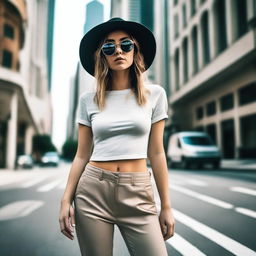 An ultra high-definition photograph showcasing a young, slim woman in a casual outfit consisting of pants, a short-sleeved shirt, a hat, and sunglasses