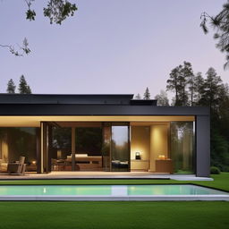 Generate an image of a clean, modern, minimalist house with sleek lines, open spaces, and a monochromatic color palette.