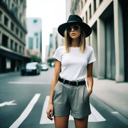 An ultra high-definition photograph showcasing a young, slim woman in a casual outfit consisting of pants, a short-sleeved shirt, a hat, and sunglasses