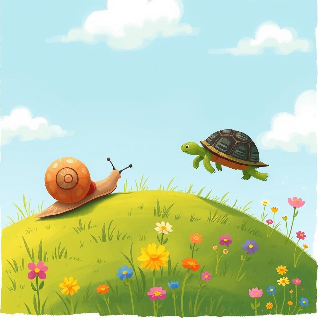 A small snail crawling up a hillside, while a small turtle scurries far ahead in a charming scene illustrated in the whimsical style of Jon Klassen