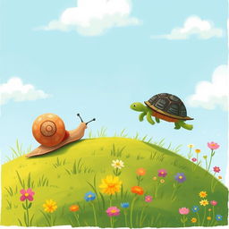 A small snail crawling up a hillside, while a small turtle scurries far ahead in a charming scene illustrated in the whimsical style of Jon Klassen