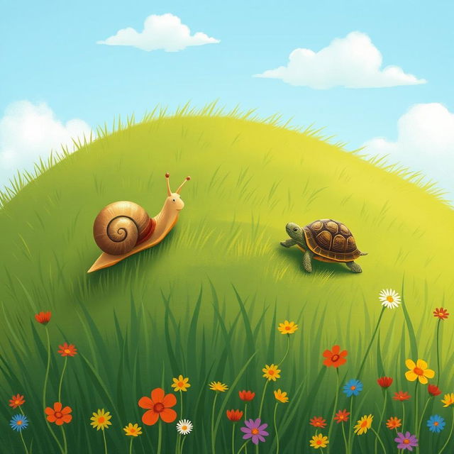 A small snail crawling up a hillside, while a small turtle scurries far ahead in a charming scene illustrated in the whimsical style of Jon Klassen