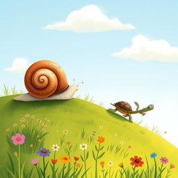 A small snail crawling up a hillside, while a small turtle scurries far ahead in a charming scene illustrated in the whimsical style of Jon Klassen