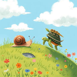 A small snail crawling up a hillside, while a small turtle scurries far ahead in a charming scene illustrated in the whimsical style of Jon Klassen