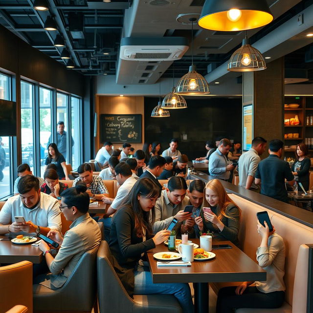 A vibrant modern restaurant interior filled with diverse customers actively using mobile applications on their smartphones to order delivery or browse the menu