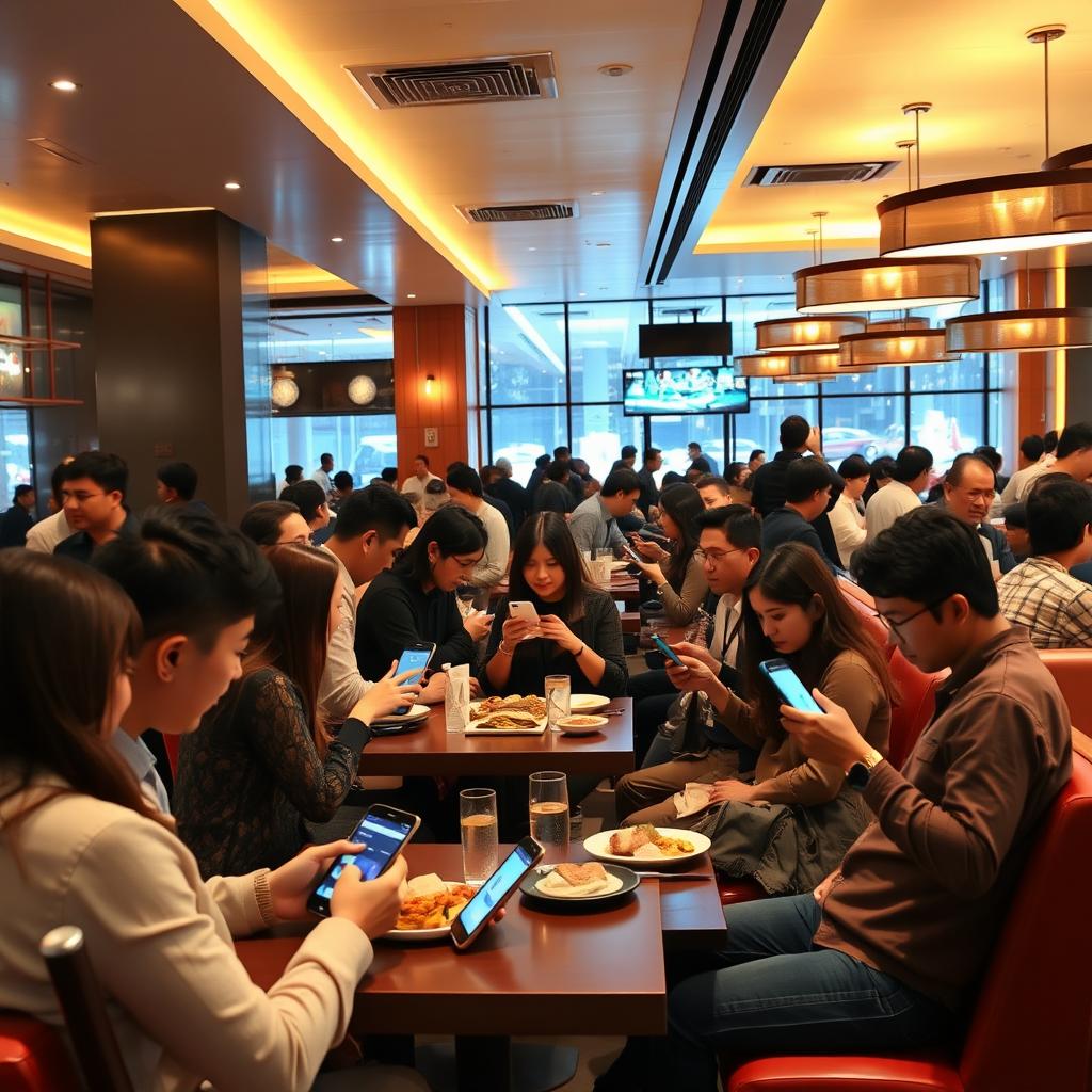 A vibrant modern restaurant interior filled with diverse customers actively using mobile applications on their smartphones to order delivery or browse the menu
