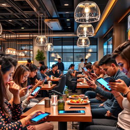 A vibrant modern restaurant interior filled with diverse customers actively using mobile applications on their smartphones to order delivery or browse the menu