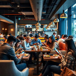 A vibrant modern restaurant interior filled with diverse customers actively using mobile applications on their smartphones to order delivery or browse the menu