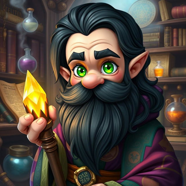 A male gnome wizard characterized by his mesmerizing green, inquisitive eyes that seem to sparkle with curiosity and intelligence