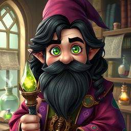 A male gnome wizard characterized by his mesmerizing green, inquisitive eyes that seem to sparkle with curiosity and intelligence