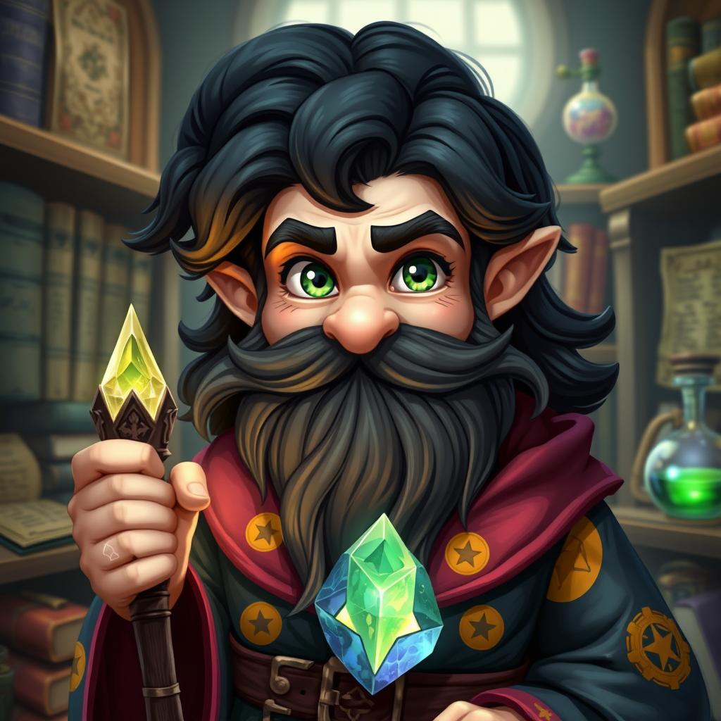 A male gnome wizard characterized by his mesmerizing green, inquisitive eyes that seem to sparkle with curiosity and intelligence